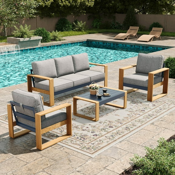 LayinSun 4 Pieces Aluminum Patio Furniture Set with Coffee Table, Oversized Seat with Hight Back, Outdoor Conversation Sets for Porch, Balcony, Deck
