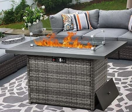 LayinSun 44" Propane Gas Fire Pit Table, 55000 BTU Rectangular Fire Pit with Glass Wind Guard for Outside Patio Deck Garden Backyard