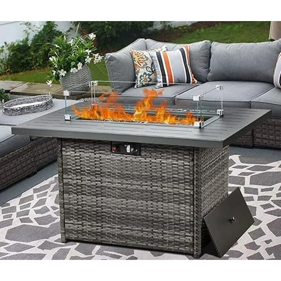 LayinSun 44" Propane Gas Fire Pit Table, 55000 BTU Rectangular Fire Pit with Glass Wind Guard for Outside Patio Deck Garden Backyard