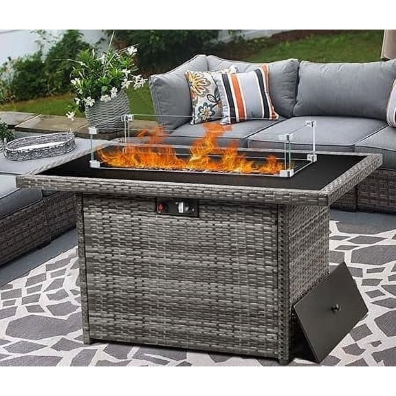 LayinSun 44" Propane Gas Fire Pit Table, 55000 BTU Rectangular Fire Pit with Glass Wind Guard for Outside Patio Deck Garden Backyard
