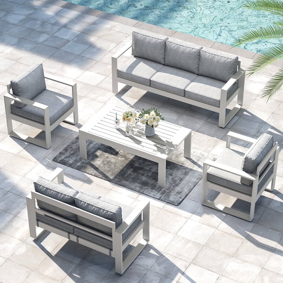 LayinSun 5 Piece Hight Back Aluminum Outdoor Furniture Set with Coffee Table, Modern Patio Conversation Sets
