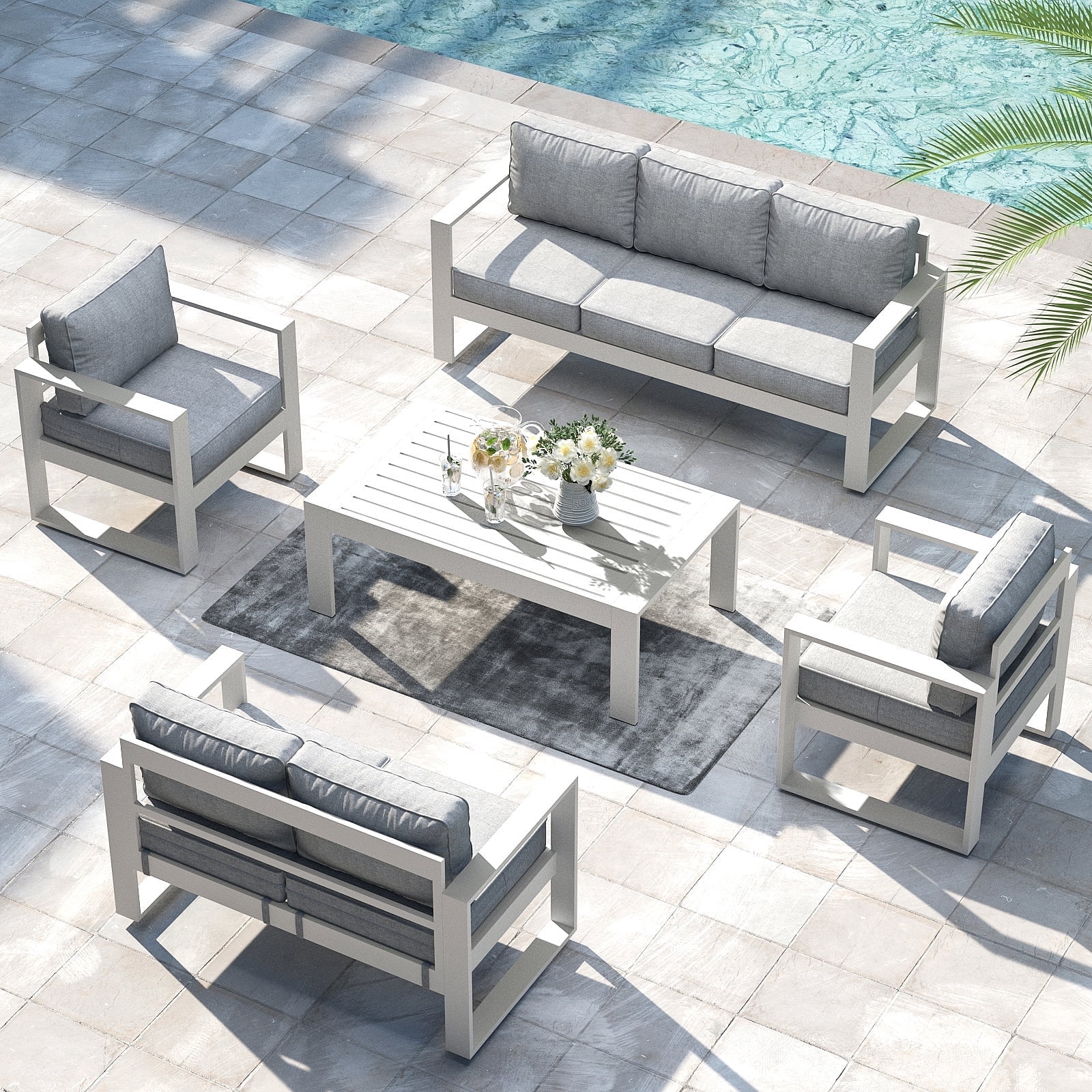 LayinSun 5 Piece Hight Back Aluminum Outdoor Furniture Set with Coffee Table, Modern Patio Conversation Sets