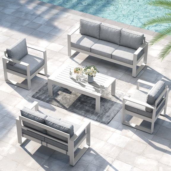 LayinSun 5 Piece Hight Back Aluminum Outdoor Furniture Set with Coffee Table, Modern Patio Conversation Sets