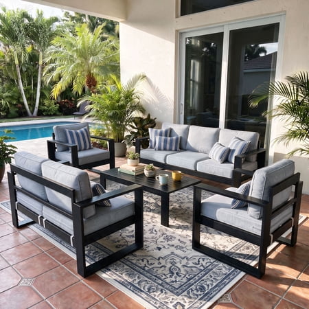 LayinSun 5 Piece Hight Back Aluminum Outdoor Furniture Set with Coffee Table, Modern Patio Conversation Sets
