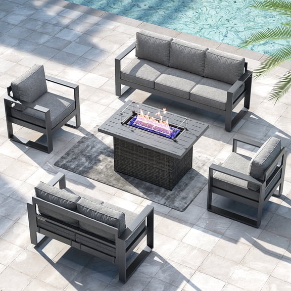 LayinSun 5 Piece Hight Back Aluminum Outdoor Furniture Set with Fire Pit Table, Modern Patio Conversation Sets