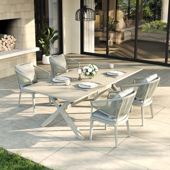 LayinSun 5 Piece Outdoor Dining Table Set, Aluminum Modern Rectangular Dining Table and All-Weather Wicker Chairs Set for Patio Deck Indoor Decor Kitchen