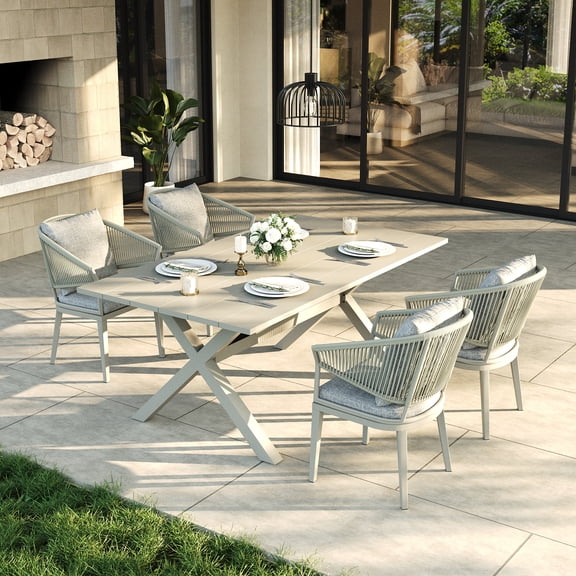 LayinSun 5 Piece Outdoor Dining Table Set, Aluminum Modern Rectangular Dining Table and All-Weather Wicker Chairs Set for Patio Deck Indoor Decor Kitchen