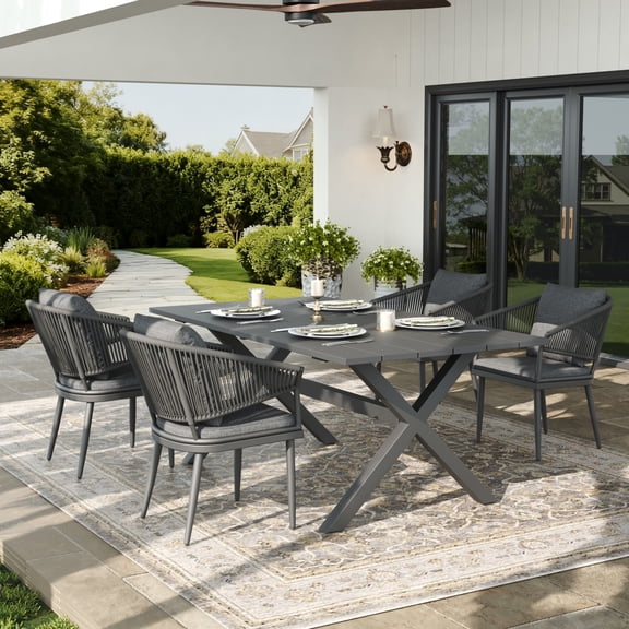 LayinSun 5 Piece Outdoor Dining Table Set, Aluminum Modern Rectangular Dining Table and All-Weather Wicker Chairs Set for Patio Deck Indoor Decor Kitchen