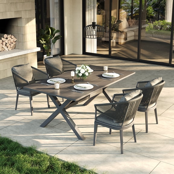 LayinSun 5 Piece Outdoor Dining Table Set, Aluminum Modern Rectangular Dining Table and All-Weather Wicker Chairs Set for Patio Deck Indoor Decor Kitchen