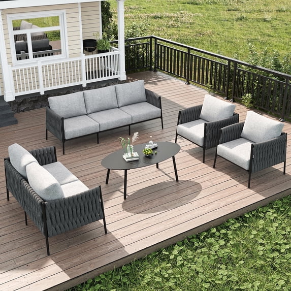 LayinSun 5 Piece Outdoor Furniture Set with Coffee Table, Modern Rope Woven Patio Conversation Sofa Set with Olefin Braid and Deep Seating