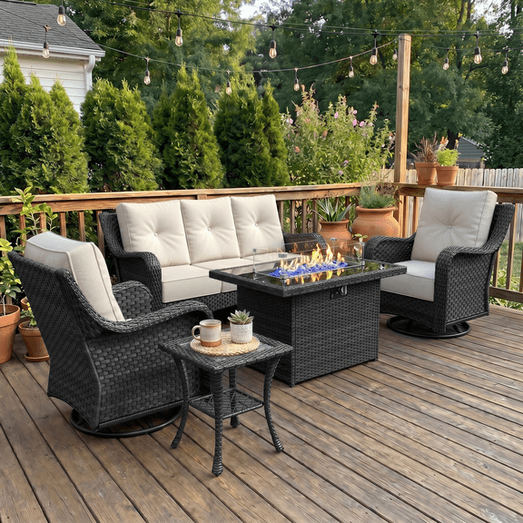 LayinSun 5 Pieces Patio Furniture Sets with Fire Pit Table, Outdoor Wicker Conversation Set with Swivel Chairs and 6" Thick Cushion for Deck Garden Backyar