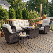 LayinSun 5 Pieces Patio Furniture Sets with Fire Pit Table, Outdoor Wicker Conversation Set with Swivel Chairs and 6" Thick Cushion for Deck Garden Backyar