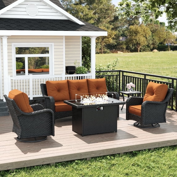 LayinSun 5 Pieces Patio Furniture Sets with Fire Pit Table, Outdoor Wicker Conversation Set with Swivel Chairs and 6" Thick Cushion for Deck Garden Backyar