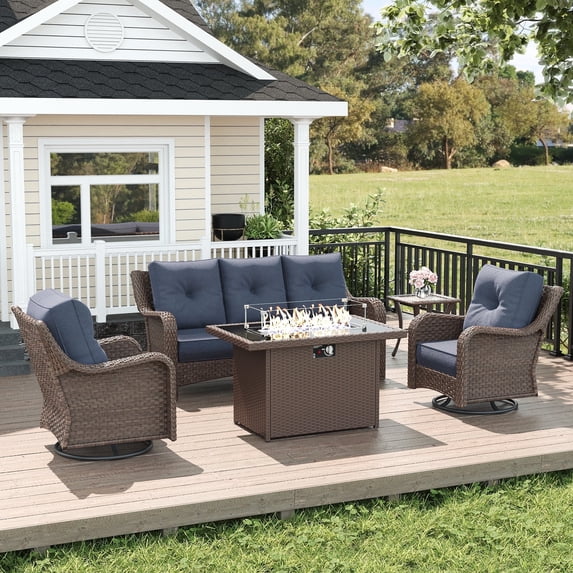 LayinSun 5 Piece Wicker Outdoor Furniture Set with 6-inch Comfy Cushions, High Back Patio Furniture Set with Swivel Rocking Chairs and Fire Pit Table