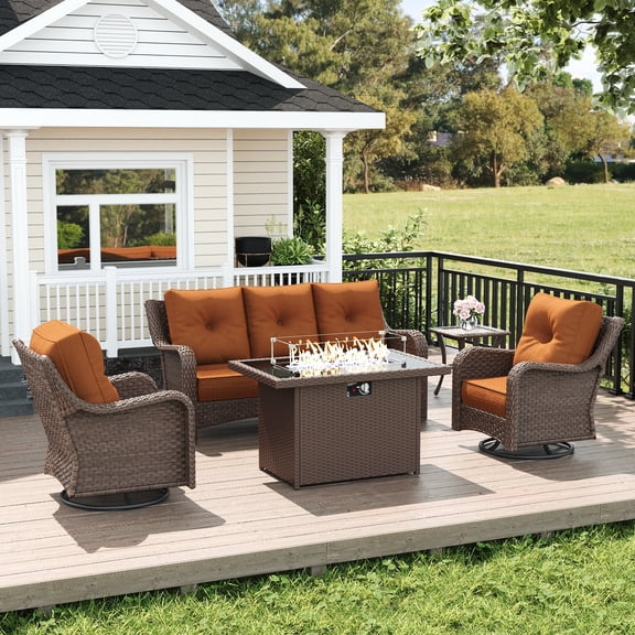 LayinSun 5 Piece Wicker Outdoor Furniture Set with 6-inch Comfy Cushions, High Back Patio Furniture Set with Swivel Rocking Chairs and Fire Pit Table