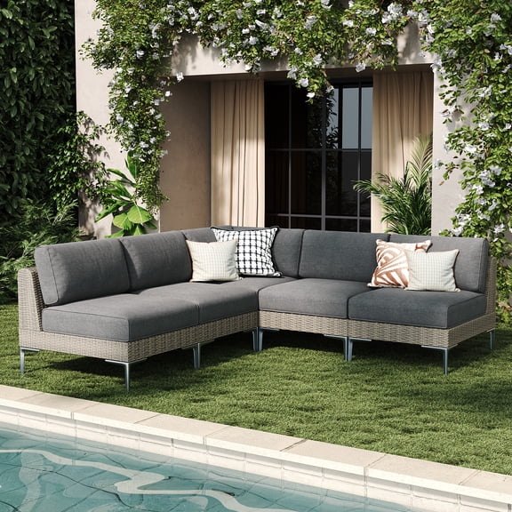 LayinSun 5-Piece Wicker Rattan Patio Furniture Set, Deep Seating Outdoor Modular Sectional Sofa Conversation Set with Thick Cushions for Lawn, Garden