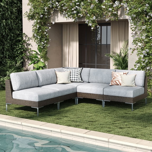 LayinSun 5-Piece Wicker Rattan Patio Furniture Set, Deep Seating Outdoor Modular Sectional Sofa Conversation Set with Thick Cushions for Lawn, Garden