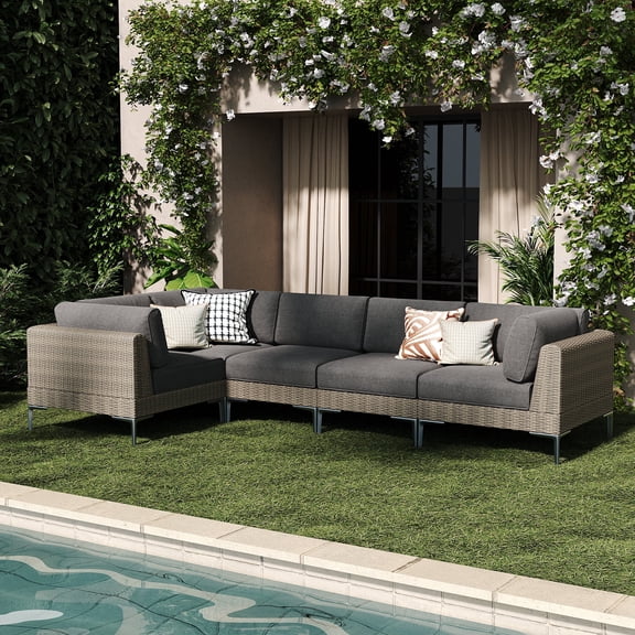 LayinSun 5-Piece Wicker Rattan Patio Furniture Set, Deep Seating Outdoor Modular Sectional Sofa Conversation Set with Thick Cushions for Lawn, Garden