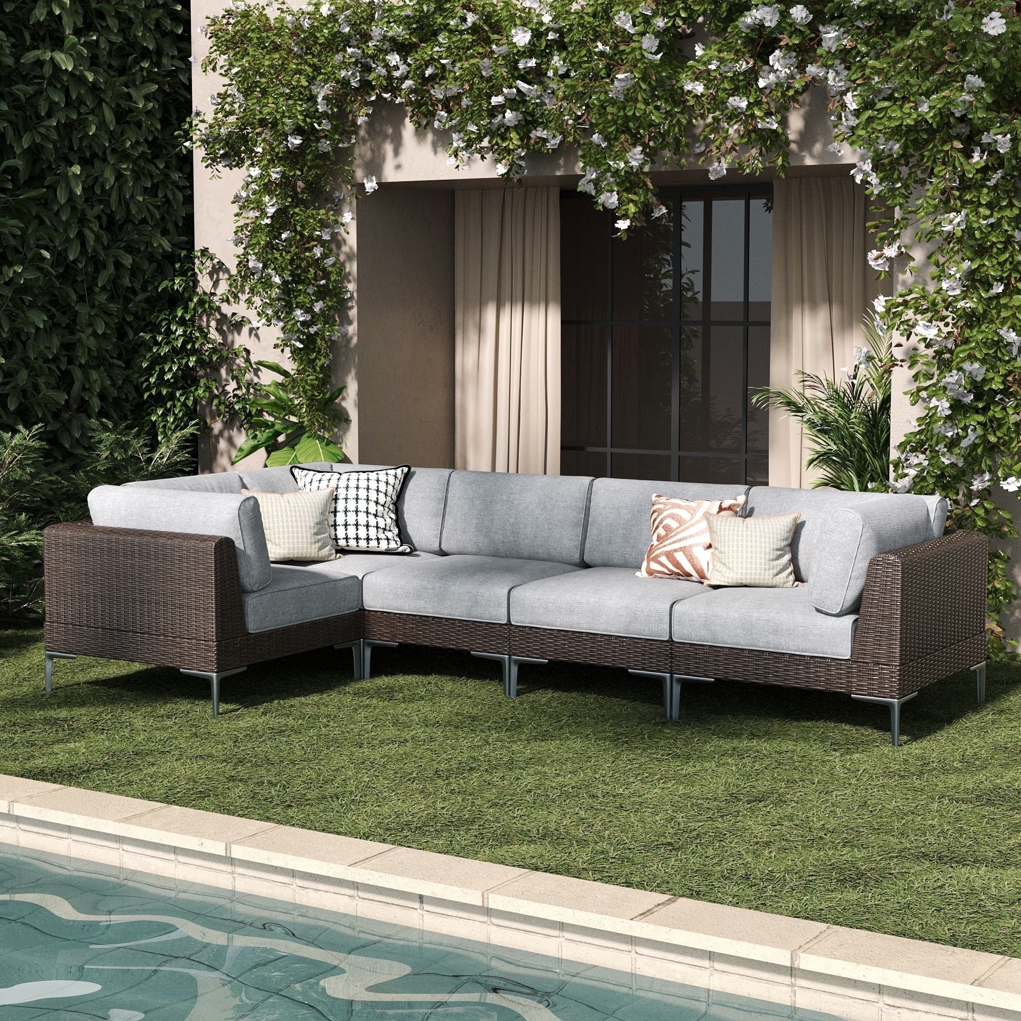 LayinSun 5-Piece Wicker Rattan Patio Furniture Set, Deep Seating Outdoor Modular Sectional Sofa Conversation Set with Thick Cushions for Lawn, Garden