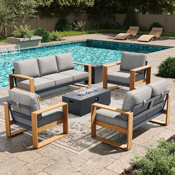 LayinSun 5 Pieces Aluminum Patio Furniture Set with Fire Pit Table, Oversized Seat with Hight Back, Outdoor Conversation Sets for Porch, Balcony, Deck