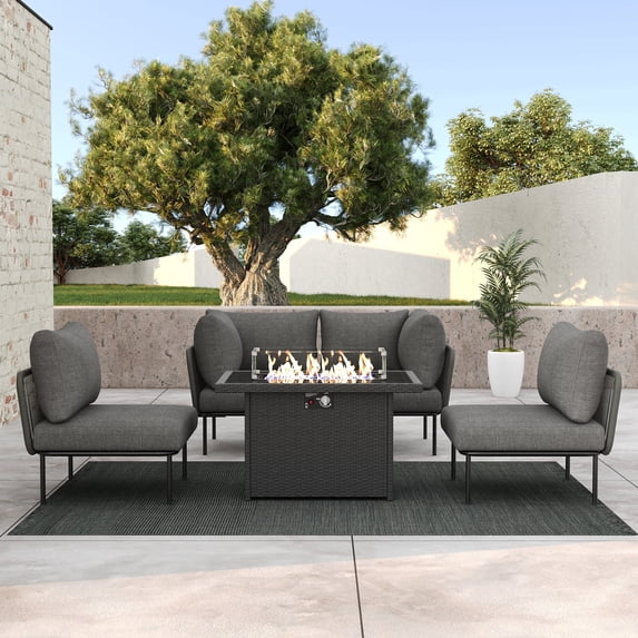 LayinSun 5 Pieces Aluminum Patio Furniture Set, Modern Modular Sectional Sofa with Fire Pit Table and Upgrade Thickness Cushion