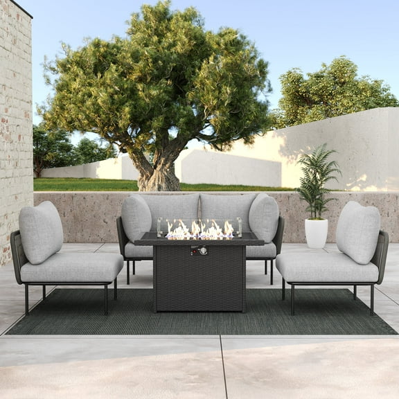 LayinSun 5 Pieces Aluminum Patio Furniture Set, Modern Modular Sectional Sofa with Fire Pit Table and Upgrade Thickness Cushion
