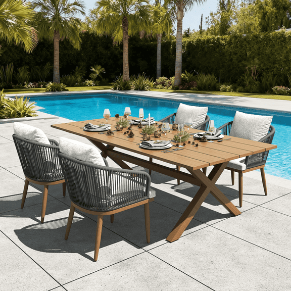 LayinSun 5 Pieces Outdoor Patio Dining Set, Aluminium Rectangular Dining Table and Wicker Rattan Chairs Set for Outside Backyard, Poolside