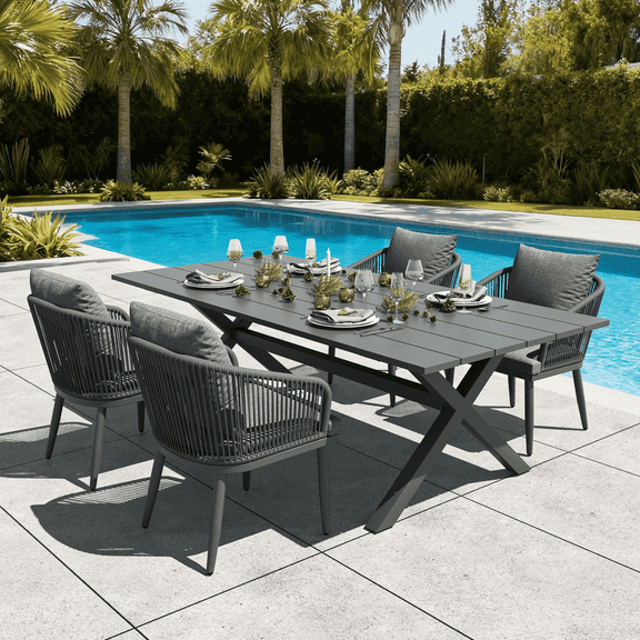 LayinSun 5 Pieces Outdoor Patio Dining Set, Aluminium Rectangular Dining Table and Wicker Rattan Chairs Set for Outside Backyard, Poolside