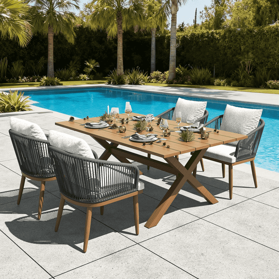 LayinSun 5 Pieces Outdoor Patio Dining Set, Aluminium Rectangular Dining Table and Wicker Rattan Chairs Set for Outside Backyard, Poolside