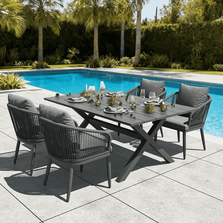 LayinSun 5 Pieces Outdoor Patio Dining Set, Aluminium Rectangular Dining Table and Wicker Rattan Chairs Set for Outside Backyard, Poolside