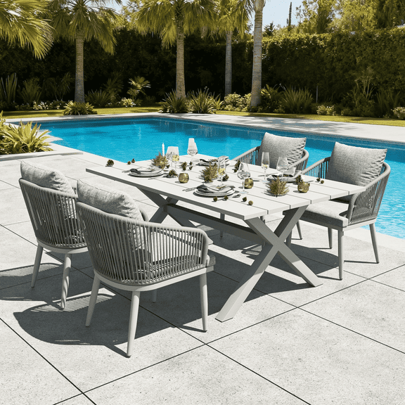 LayinSun 5 Pieces Outdoor Patio Dining Set, Aluminium Rectangular Dining Table and Wicker Rattan Chairs Set for Outside Backyard, Poolside