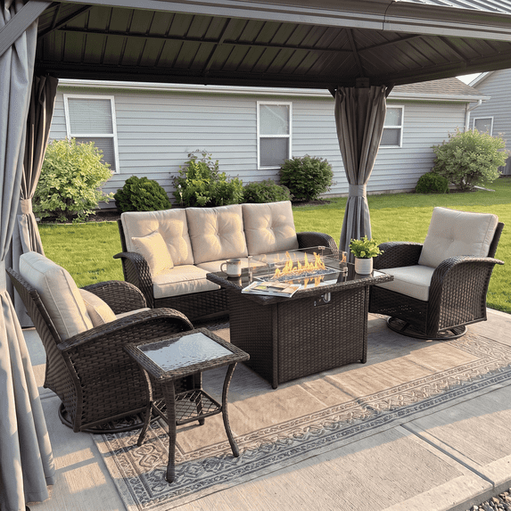 LayinSun 5 Pieces Patio Outdoor Conversation Set, Wicker Furniture Set with Swivel Chairs and Fire Pit Table 5-Seat