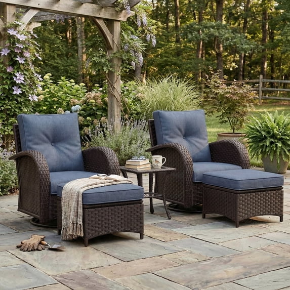 LayinSun 5 Pieces Patio Outdoor Conversation Set, Wicker Furniture Set with Swivel Chairs and Ottomans 4-Seat