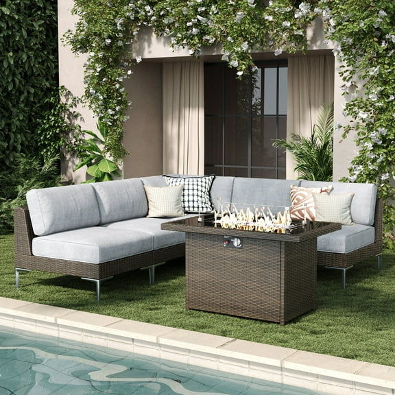 LayinSun 6-Piece Outdoor Modular Wicker Sectional Sofa with Fire Pit Table, Patio Furniture Conversation Set with Deep Seating and Thick Cushions