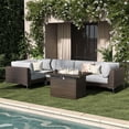 thumbnail image 1 of LayinSun 6-Piece Outdoor Modular Wicker Sectional Sofa with Fire Pit Table, Patio Furniture Conversation Set with Deep Seating and Thick Cushions, 1 of 10