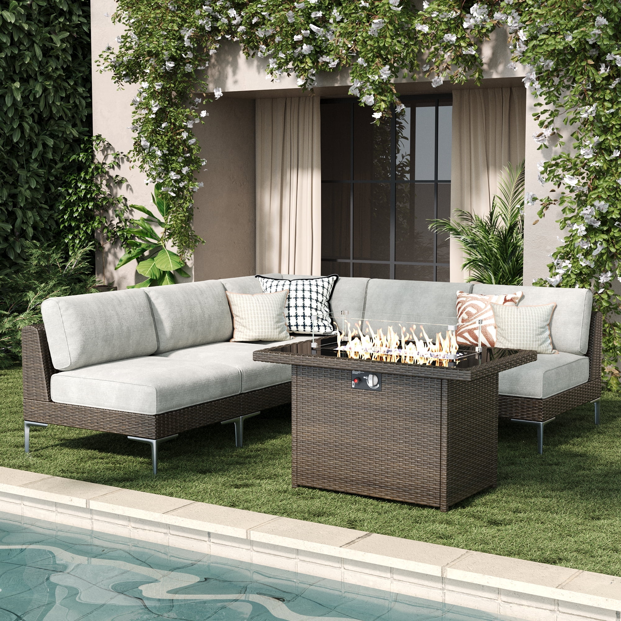 LayinSun 6Piece Outdoor Modular Wicker Sectional Sofa with Fire Pit