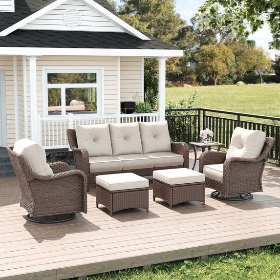 LayinSun 6 Pieces Patio Furniture Sets, Outdoor Wicker Conversation Set with Swivel Chairs and 6" Thick Cushion for Deck Garden Backyard