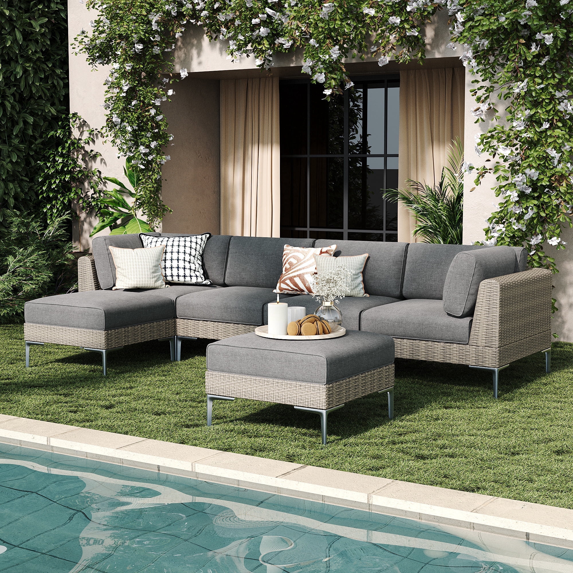 LayinSun 6-Piece Wicker Rattan Patio Furniture Set, Deep Seating Outdoor Modular Sectional Sofa Conversation Set with Thick Cushions for Lawn, Garden