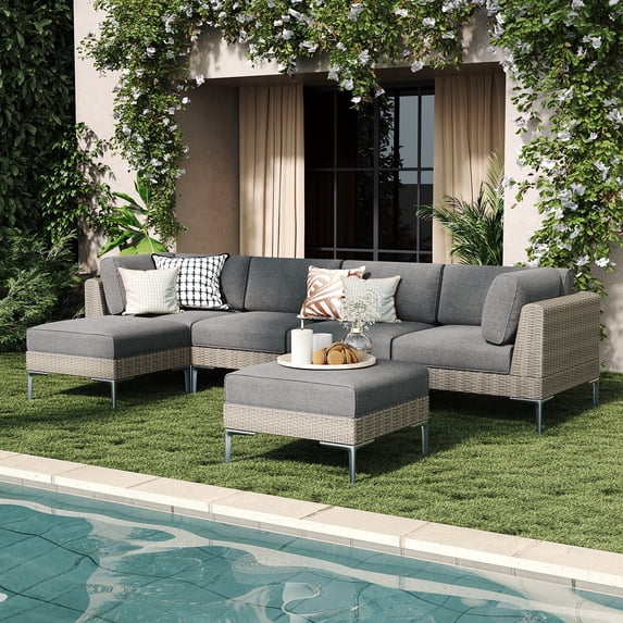 LayinSun 6-Piece Wicker Rattan Patio Furniture Set, Deep Seating Outdoor Modular Sectional Sofa Conversation Set with Thick Cushions for Lawn, Garden