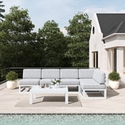 LayinSun 6 Pieces Modern Aluminum Patio Furniture Set with Coffee Table, Outdoor Modular Sectional Conversation Set L-Shaped Sofa for Backyard