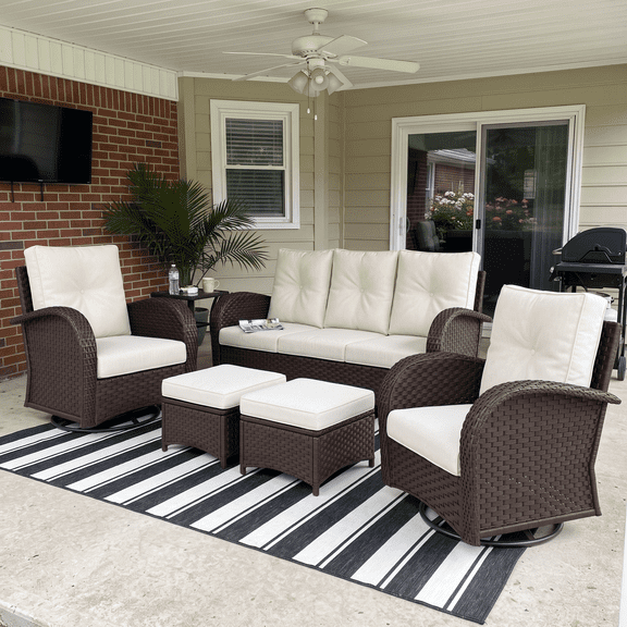LayinSun 6 Pieces Outdoor Patio Furniture Set, Rattan Wicker Sectional Swivel Rocker Chairs Sets