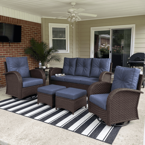 LayinSun 6 Pieces Outdoor Patio Furniture Set, Rattan Wicker Sectional Swivel Rocker Chairs Sets