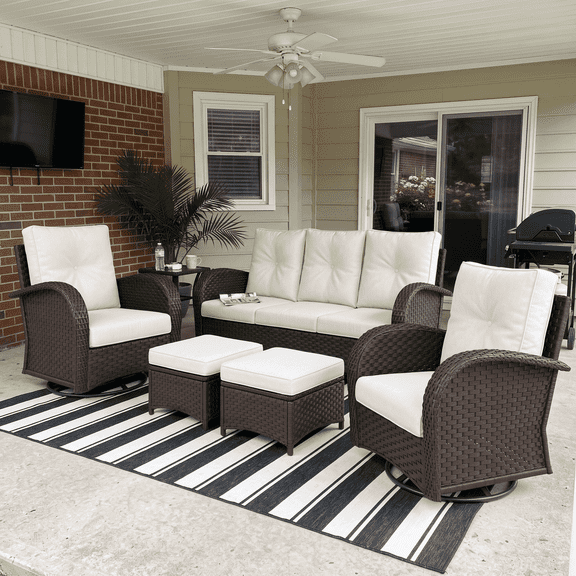 LayinSun 6 Pieces Outdoor Patio Furniture Set, Rattan Wicker Sectional Swivel Rocker Chairs Sets