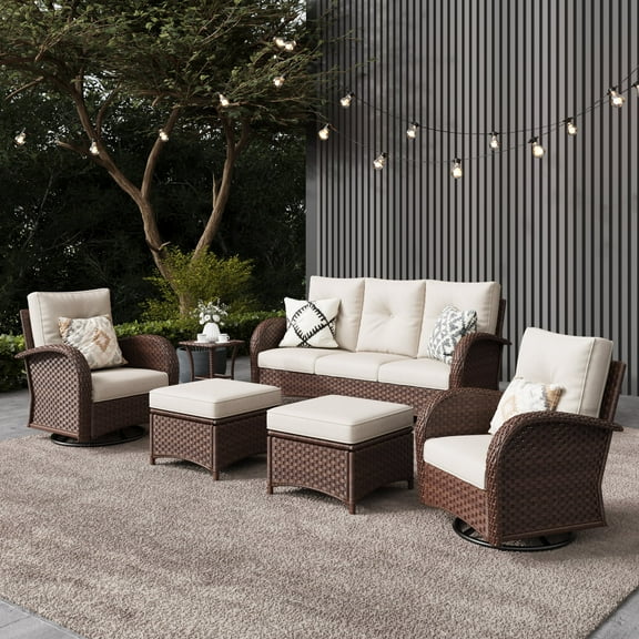 LayinSun 6 Pieces Outdoor Patio Furniture Set, Rattan Wicker Sectional Swivel Rocker Chairs Sets