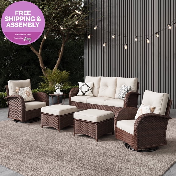 LayinSun 6 Pieces Outdoor Patio Furniture Set, Rattan Wicker Sectional Swivel Rocker Chairs Sets