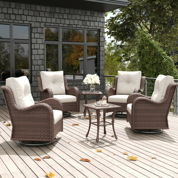 LayinSun 6 Pieces Outdoor Patio Furniture Set, Rattan Wicker Swivel Rocker Chairs Sets with Swivel Glider Chairs and Coffee Table