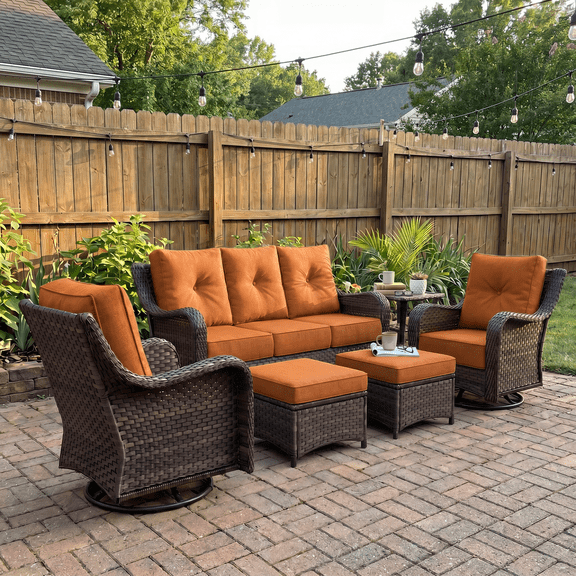 LayinSun 6 Pieces Patio Furniture Sets, Outdoor Wicker Conversation Set with Swivel Chairs and 6" Thick Cushion for Deck Garden Backyard