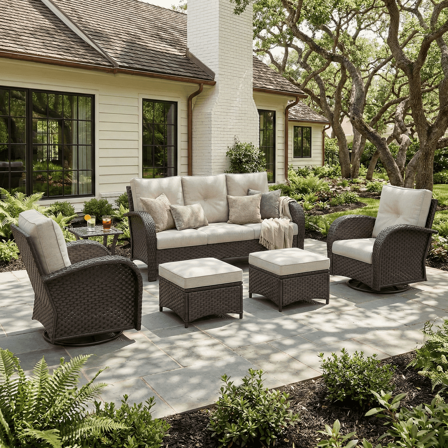 LayinSun 6 Pieces Patio Outdoor Conversation Set, Wicker Furniture Set with Swivel Chairs and Ottomans 7-Seat
