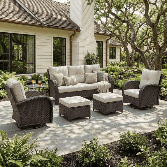 LayinSun 6 Pieces Patio Outdoor Conversation Set, Wicker Furniture Set with Swivel Chairs and Ottomans 7-Seat