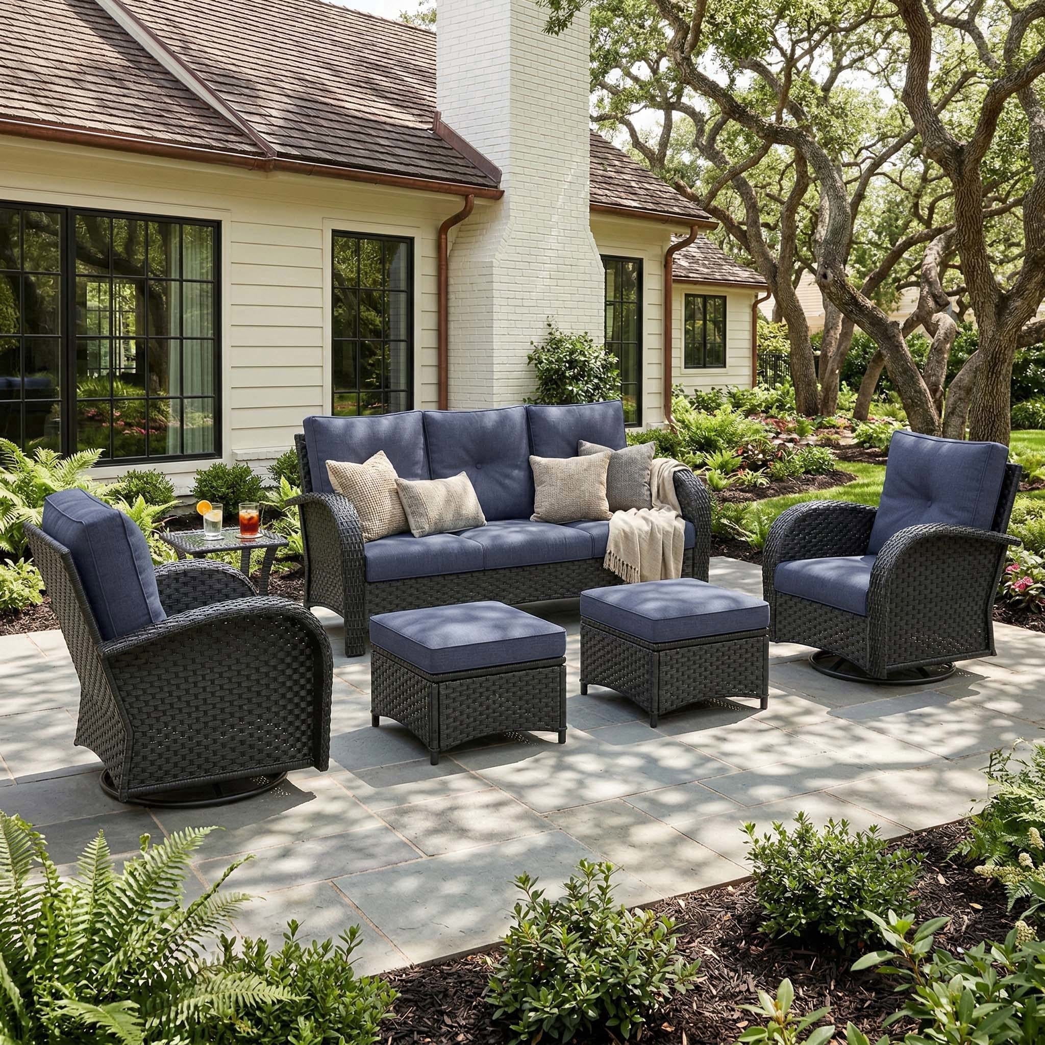LayinSun 6 Pieces Patio Outdoor Conversation Set, Wicker Furniture Set with Swivel Chairs and Ottomans 7-Seat